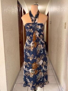 BCBG Navy Halter Maxi Dress with Gold and Cream Scroll Print